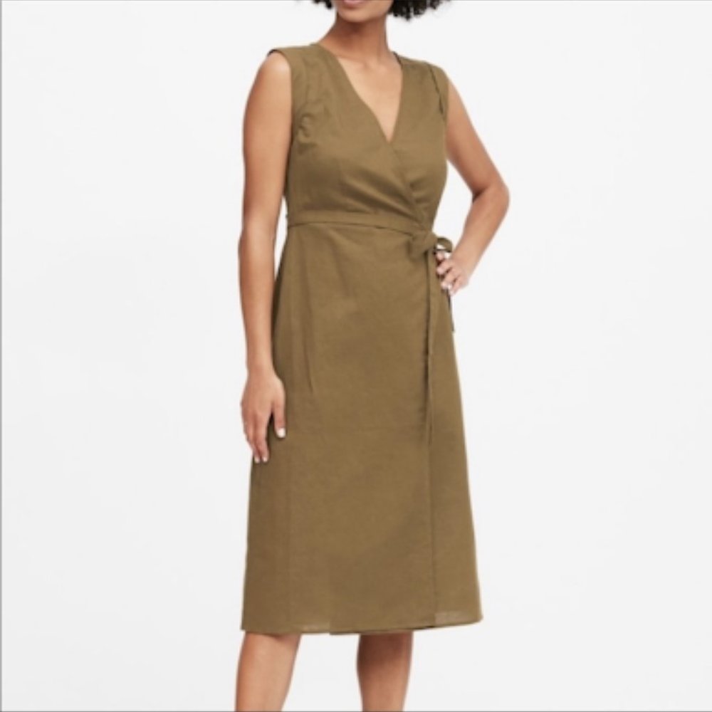 NWOT Banana Republic Dress Linen Wrap Neutral Tan Brown Safari Sleeveless Petite